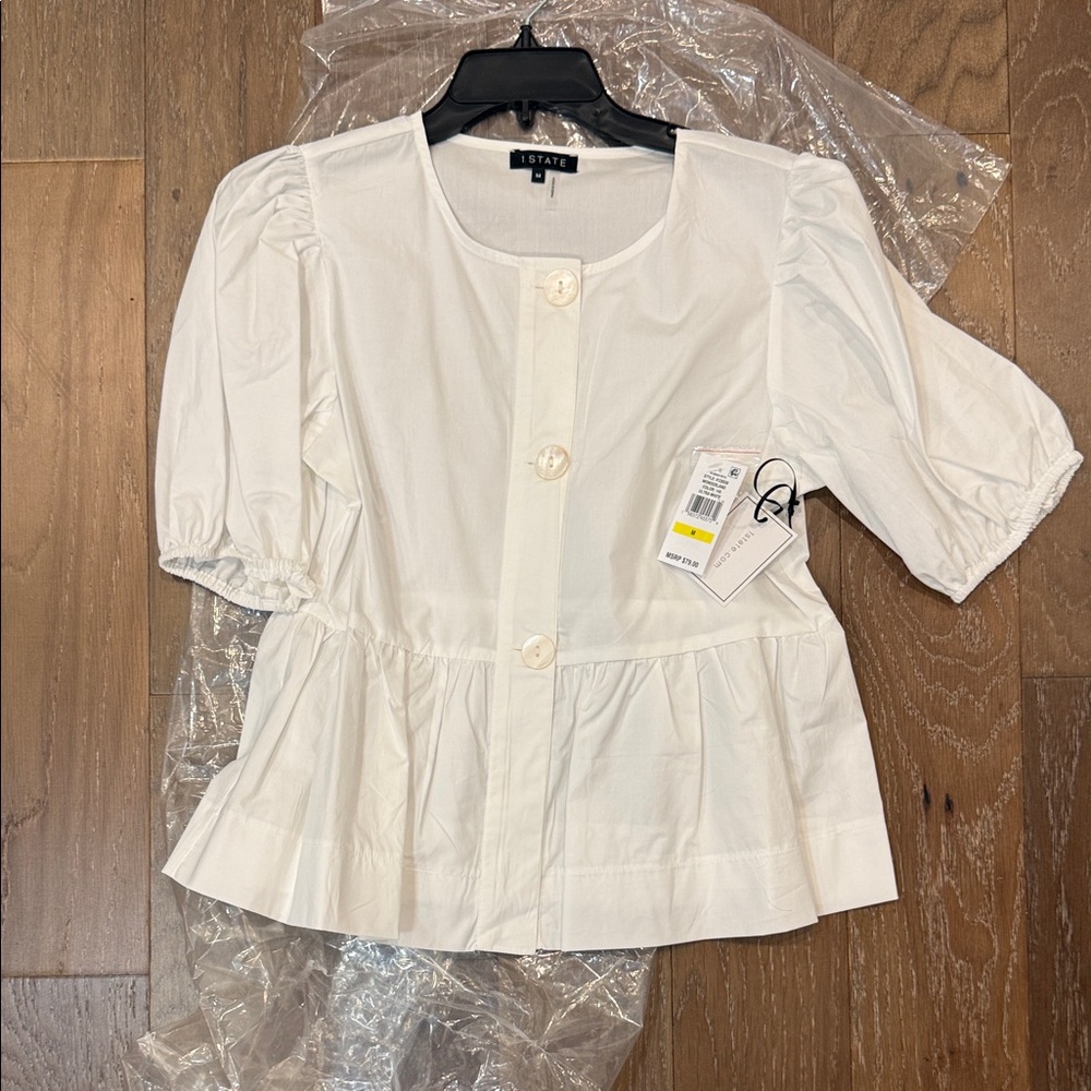 1. State Cream Short Sleeve Blouse with Button Detail